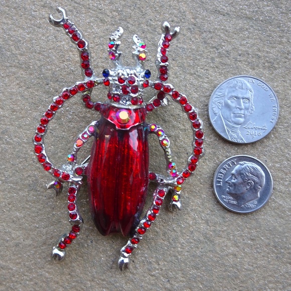 Alilang Enamel Handpainted Ruby Red Bejeweled Beetle Bug Insect Brooch Pin - Picture 4 of 8